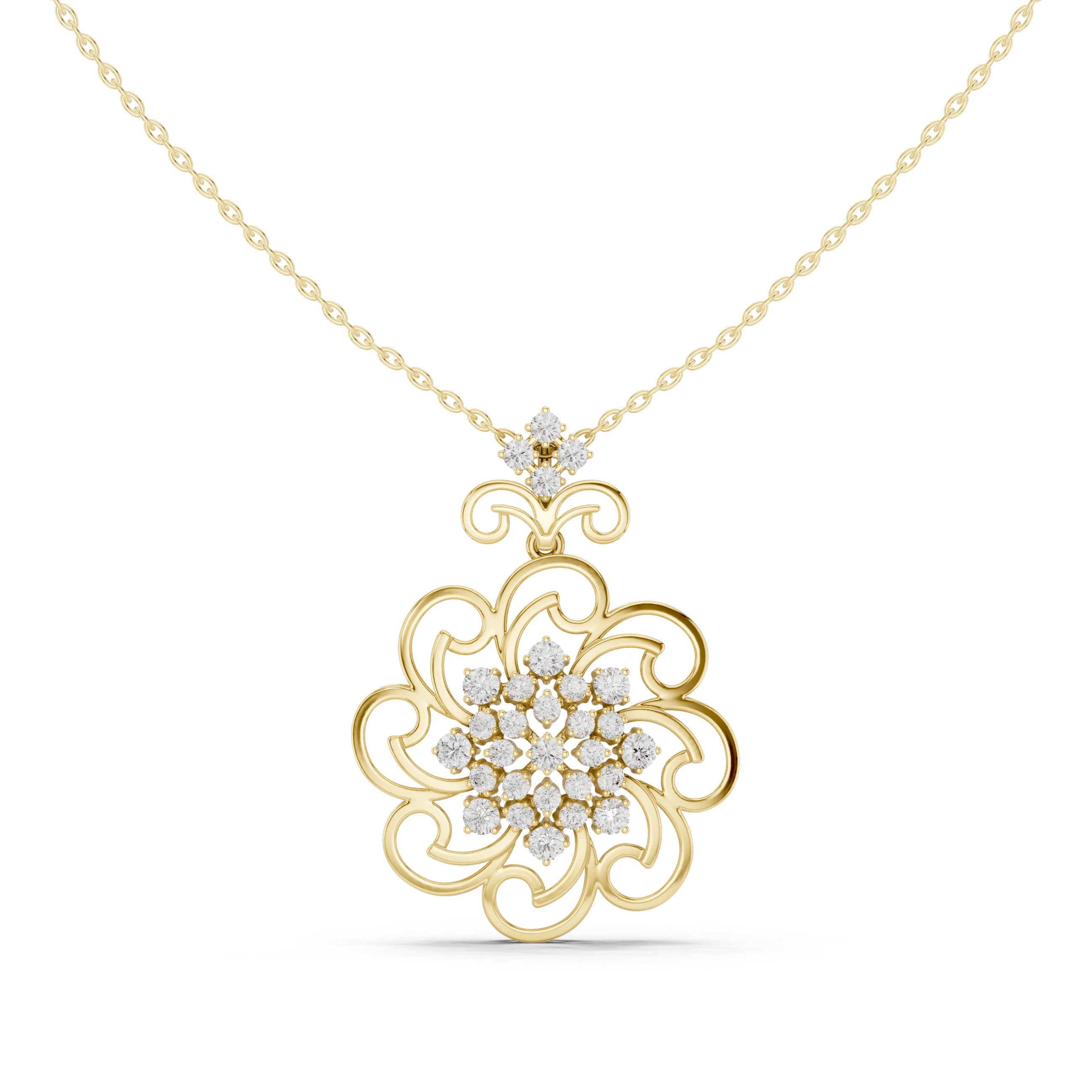 Scrollwork Floral Bloom Diamond Pendant in Yellow Gold - VYKA Diamonds