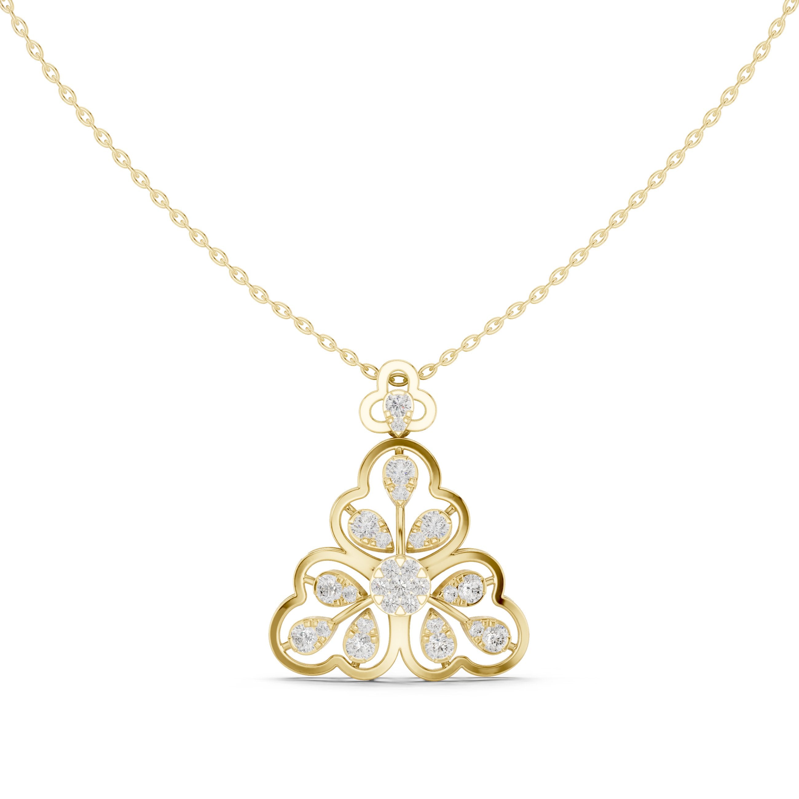 Trefoil Arch Floral Diamond Pendant in Yellow Gold - VYKA Diamonds