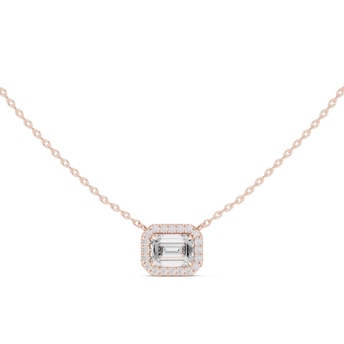 East-West Emerald Cut Halo Diamond Necklace