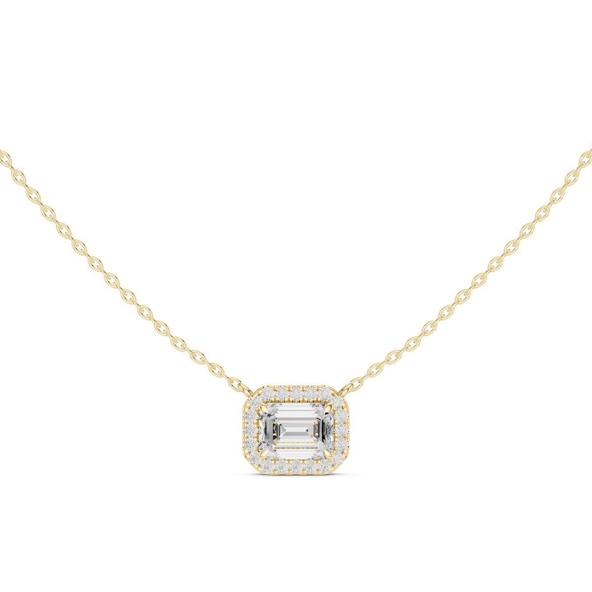 East-West Emerald Cut Halo Diamond Necklace