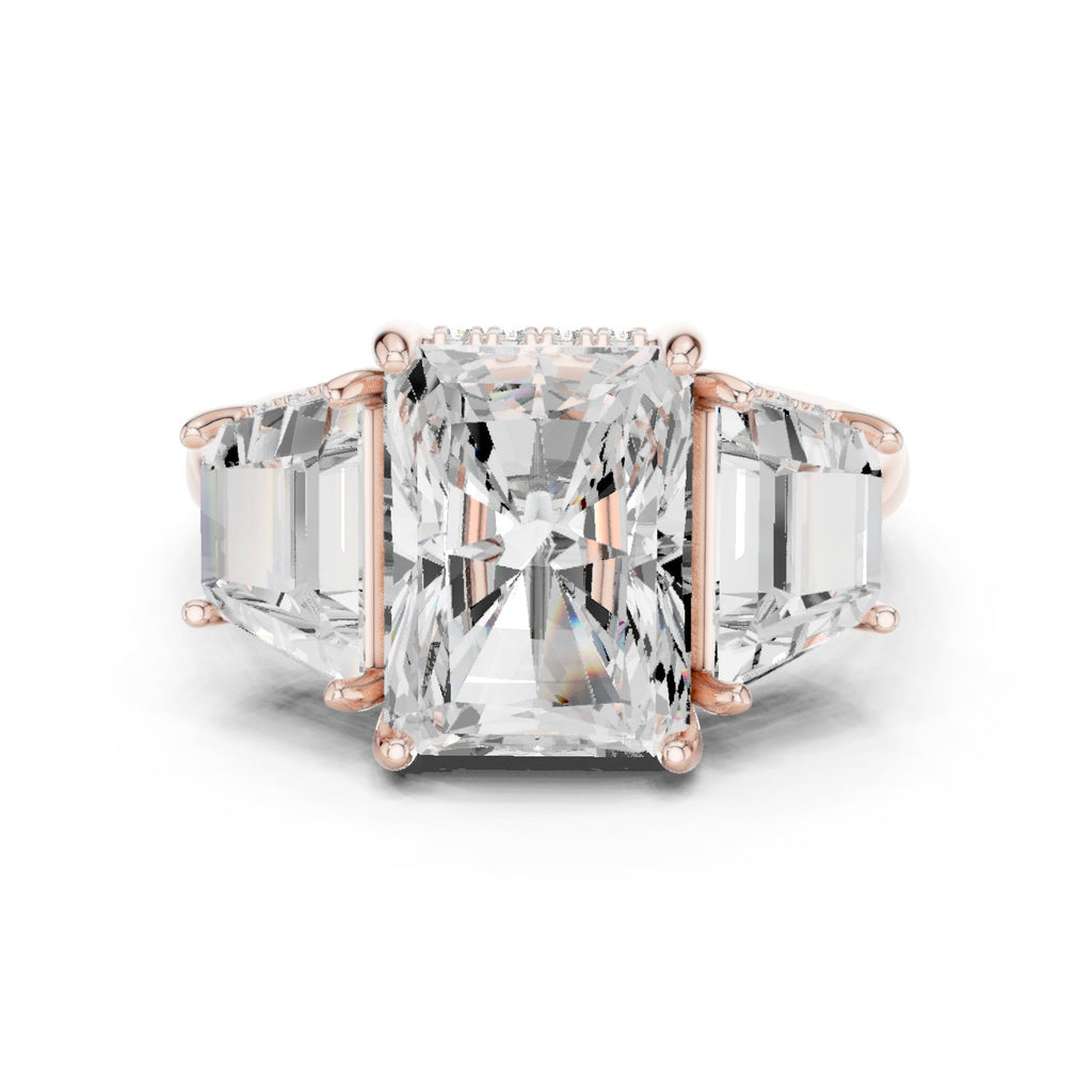 Radiant Cut Three Stone Engagement Ring with Trapezoid Side Stones