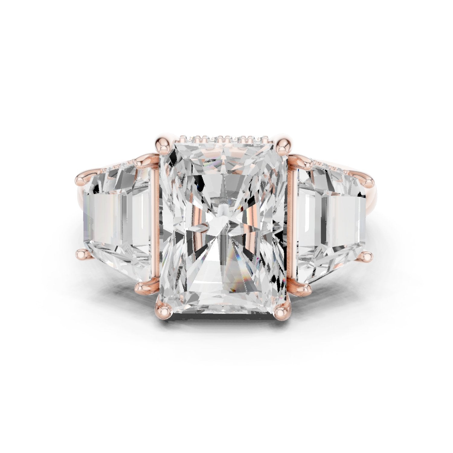 Radiant Cut Three Stone Engagement Ring with Trapezoid Side Stones
