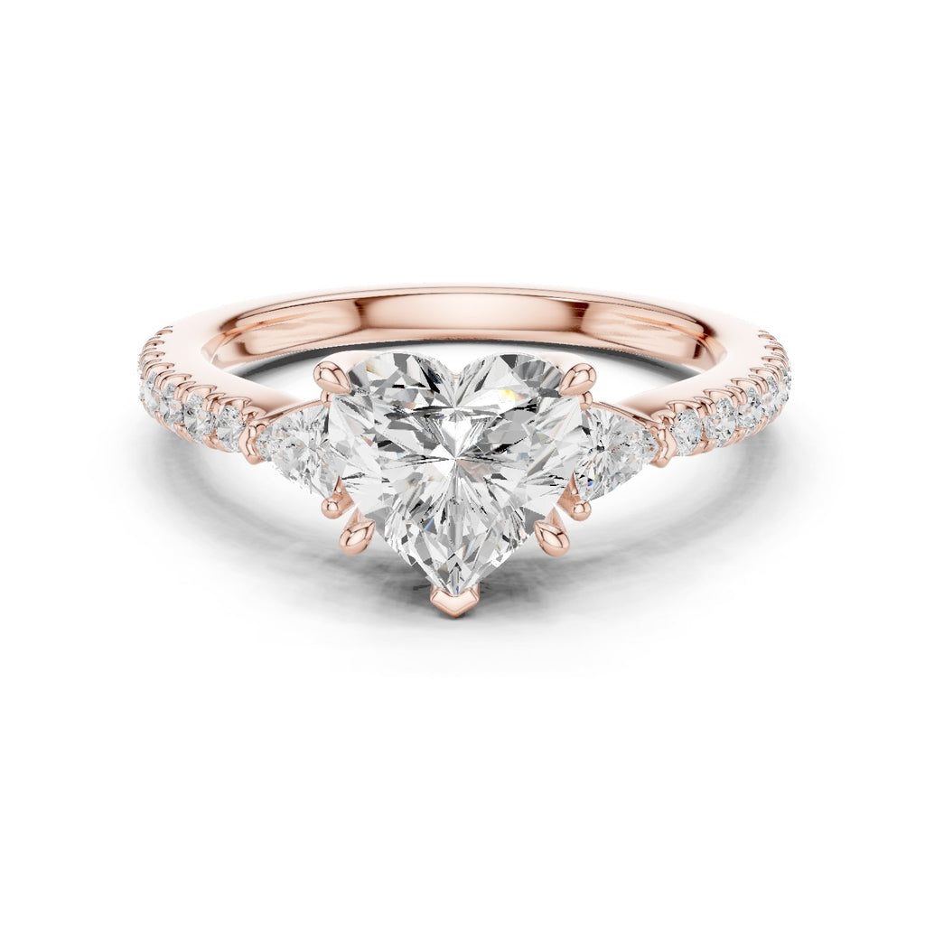 Heart Cut Three Stone Engagement Ring with Trilliant Sides and Pavé Band