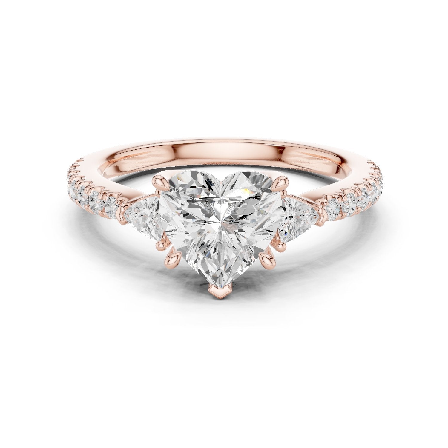 Heart Cut Three Stone Engagement Ring with Trilliant Sides and Pavé Band