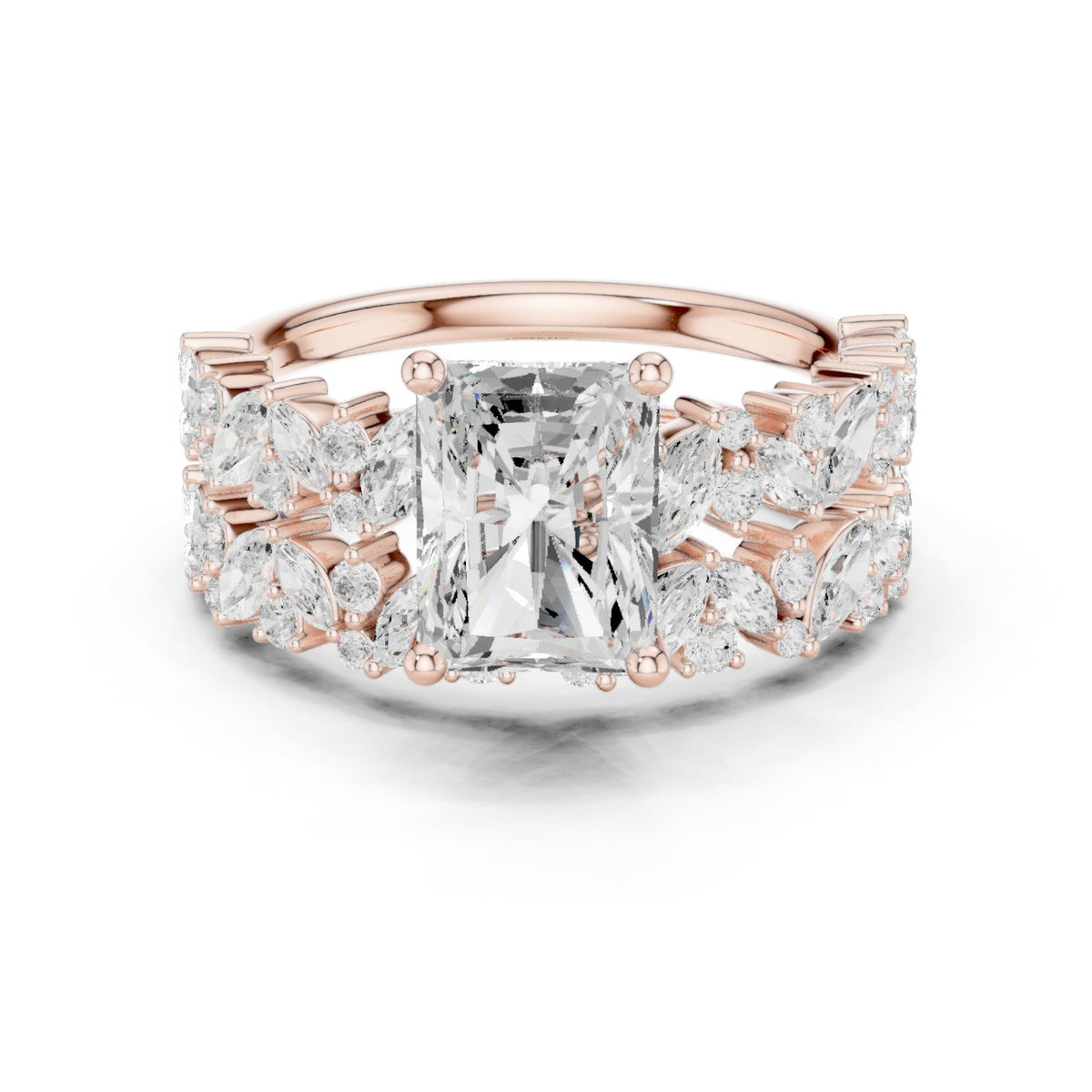 Radiant Cut Engagement Ring with Marquise Vine Cluster Band