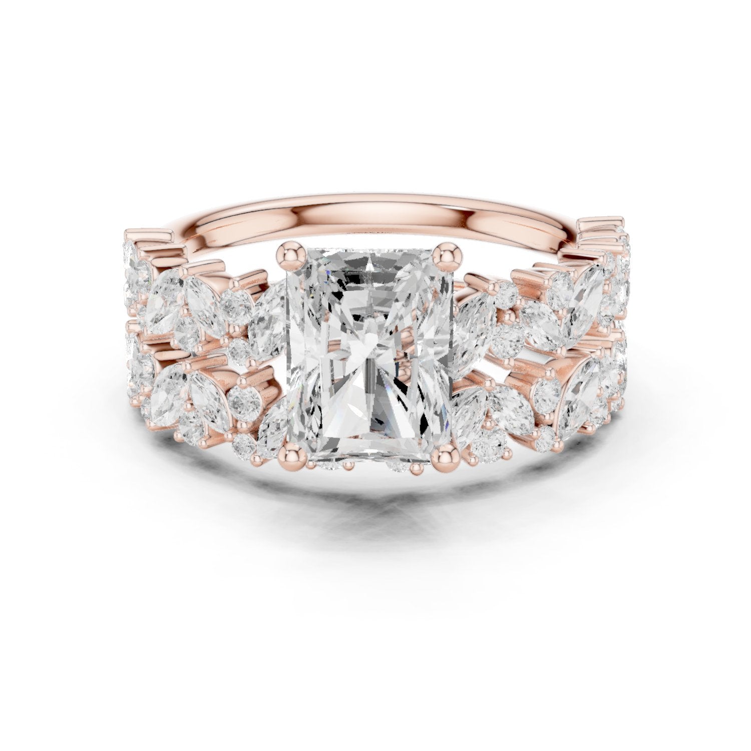 Radiant Cut Engagement Ring with Marquise Vine Cluster Band