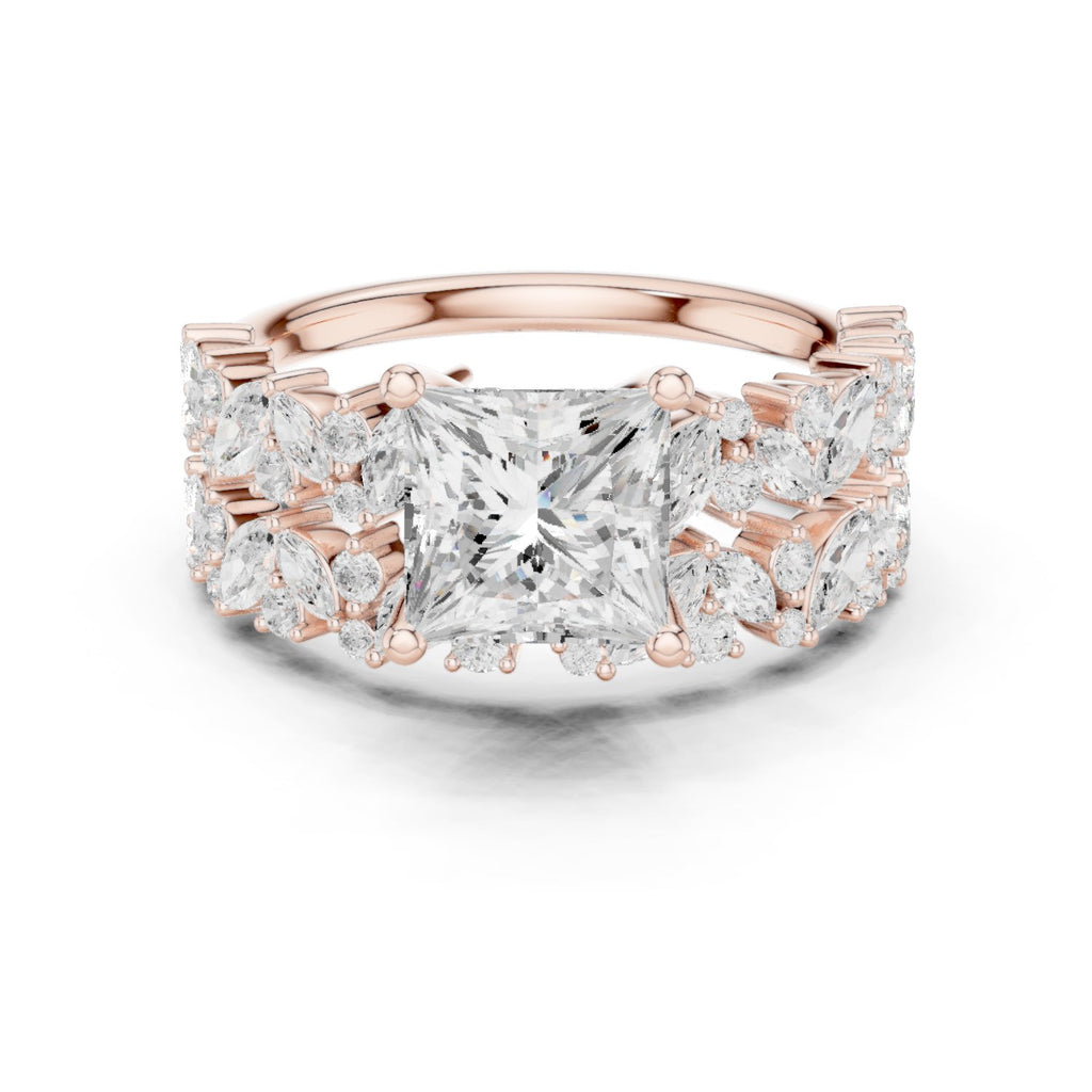 Princess Cut Engagement Ring with Marquise Vine Cluster Band