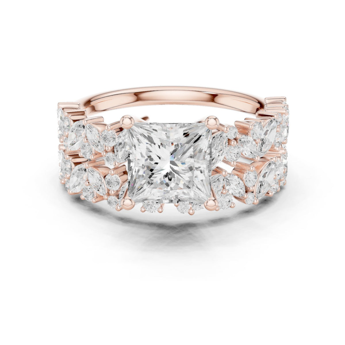Princess Cut Engagement Ring with Marquise Vine Cluster Band