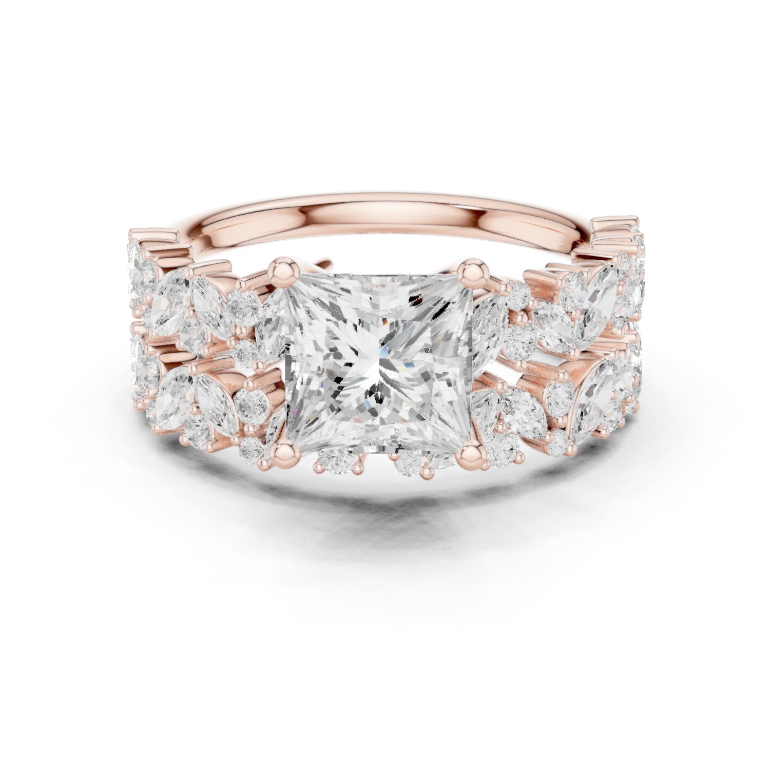 Princess Cut Engagement Ring with Marquise Vine Cluster Band
