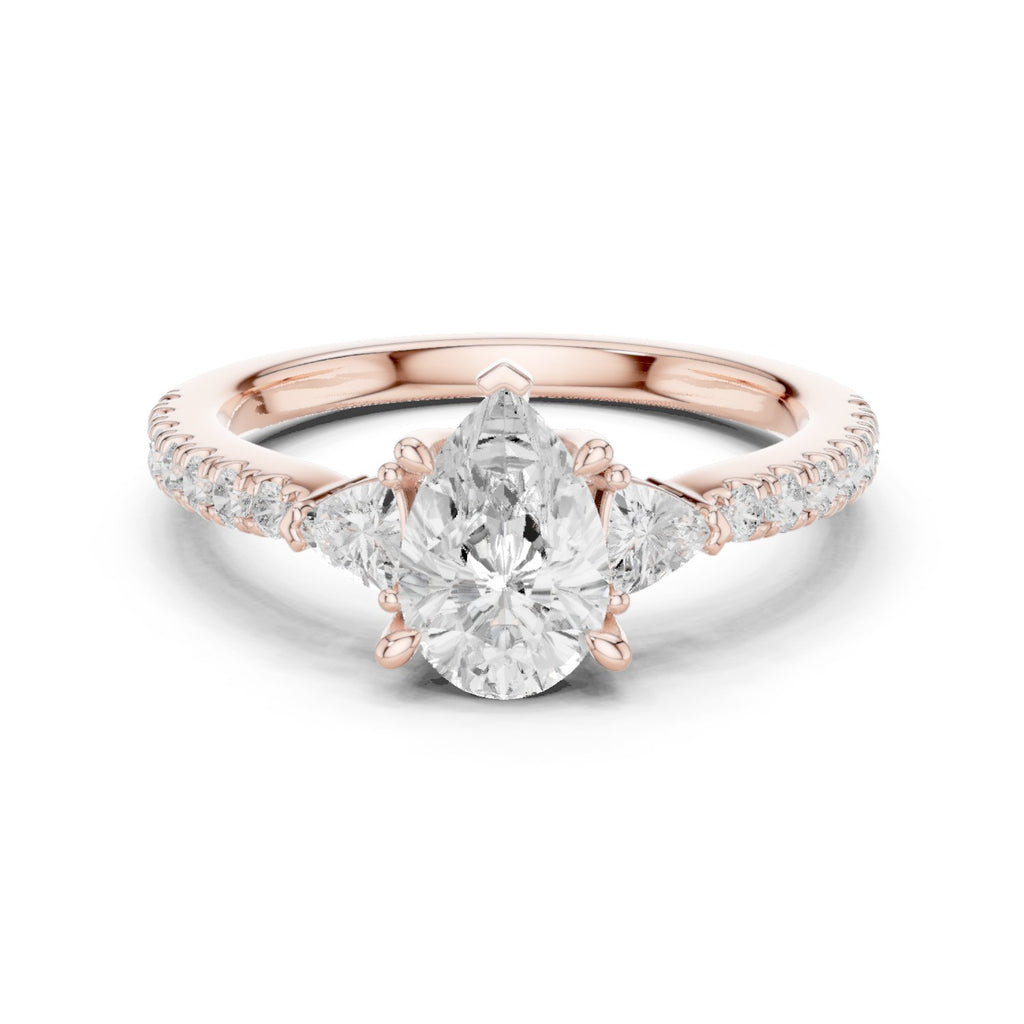 Pear Diamond Three Stone Engagement Ring with Trilliant Sides and Pavé Band