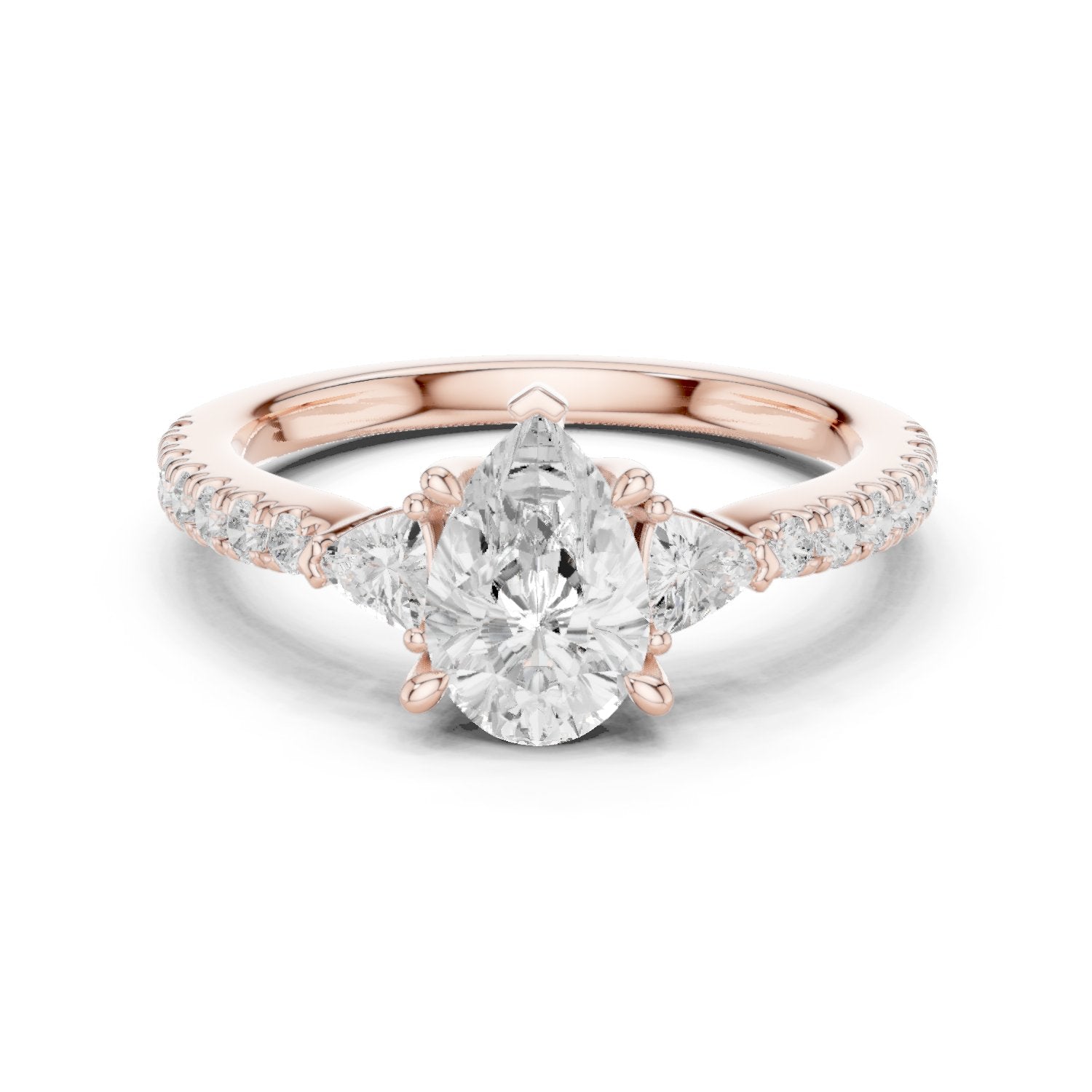 Pear Diamond Three Stone Engagement Ring with Trilliant Sides and Pavé Band