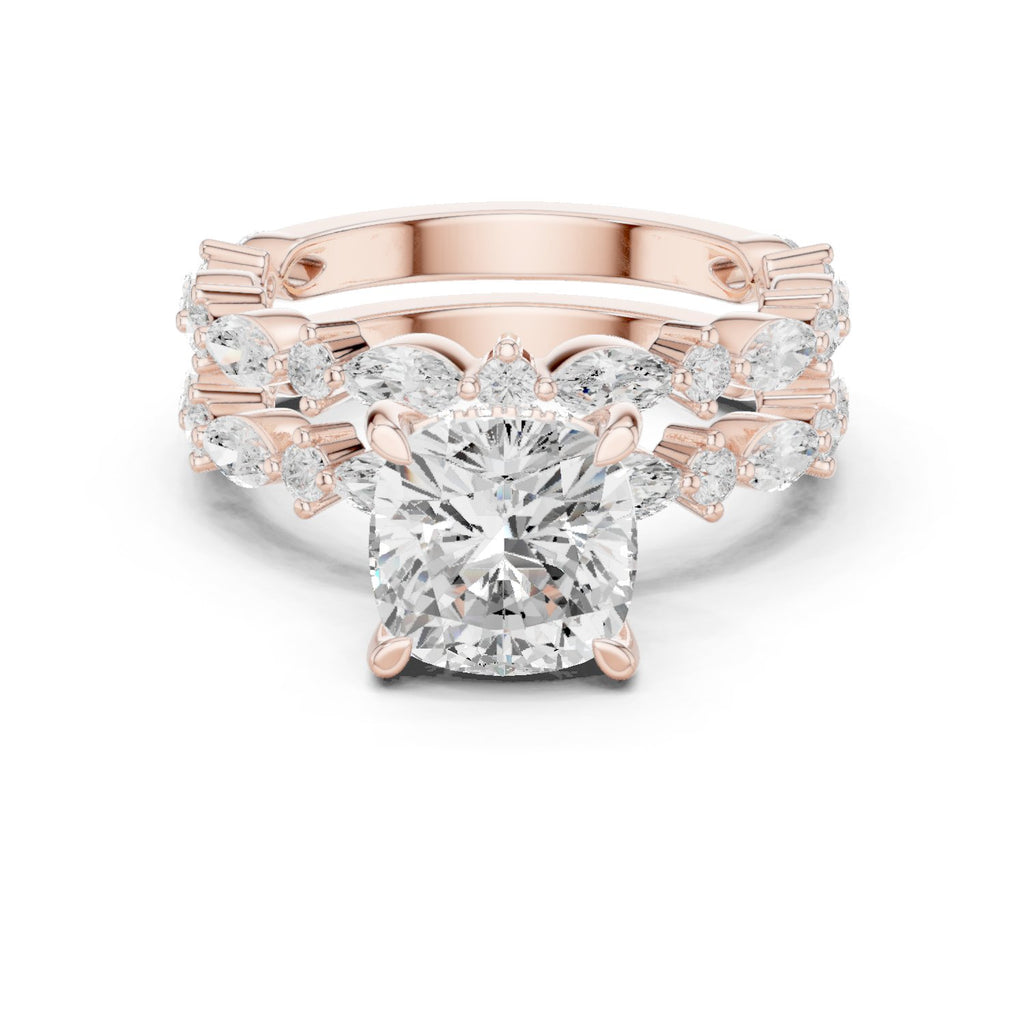 Cushion Cut Engagement Ring with Marquise Vine Cluster Band