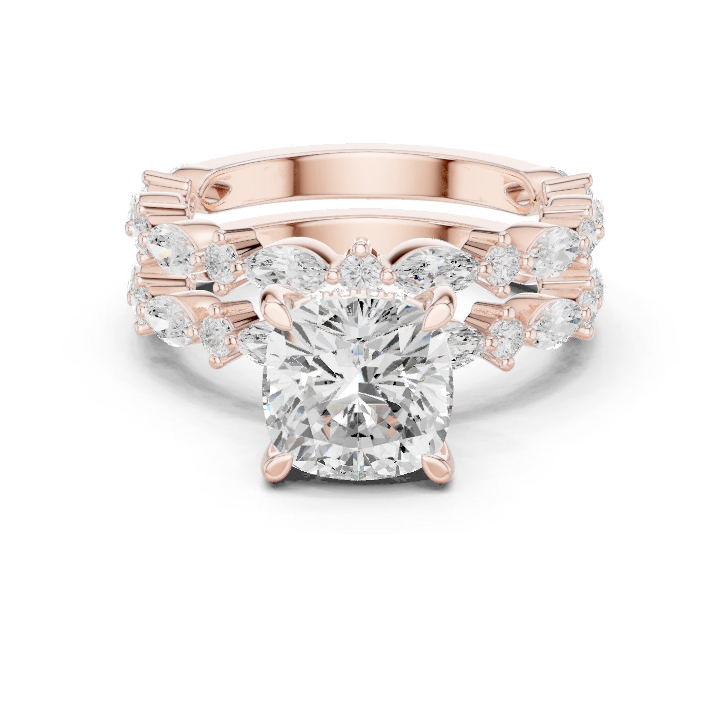 Cushion Cut Engagement Ring with Marquise Vine Cluster Band