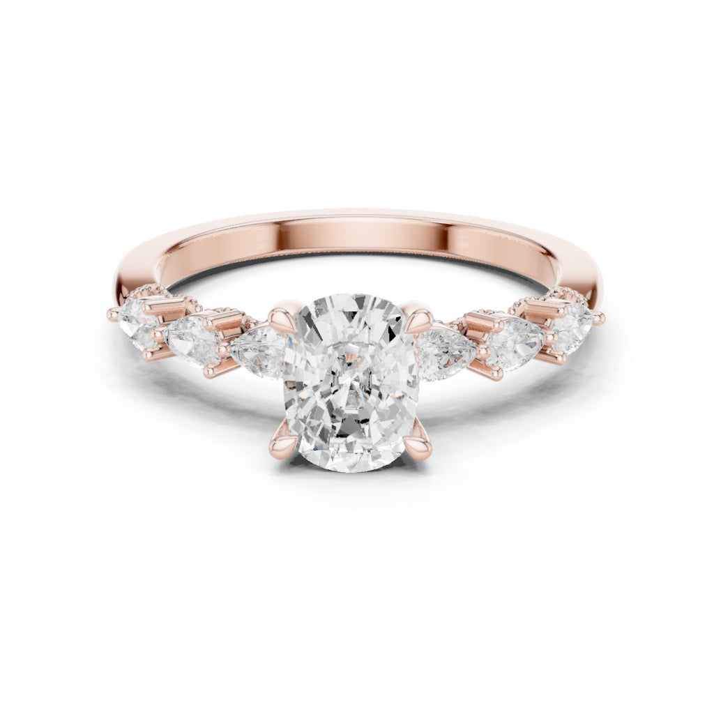 Oval Diamond Engagement Ring with Marquise and Round Side Accents