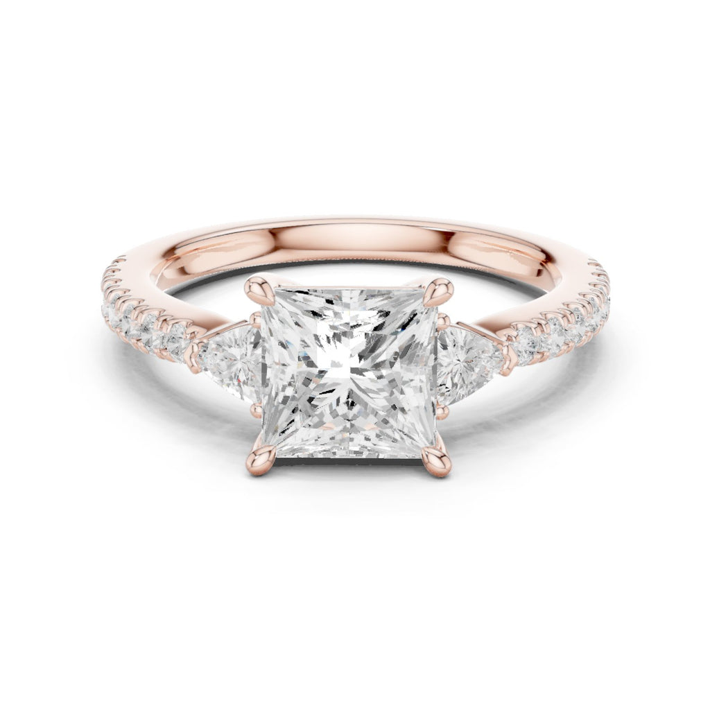 Princess Cut Engagement Ring with Trilliant Side Accents and Pavé Band