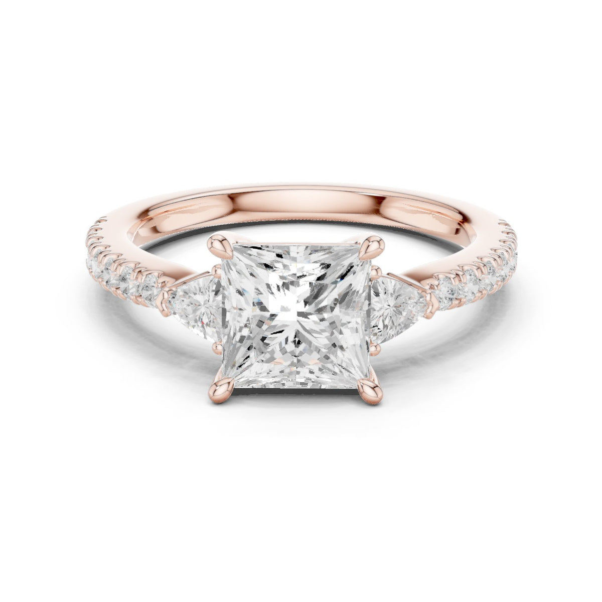 Princess Cut Engagement Ring with Trilliant Side Accents and Pavé Band