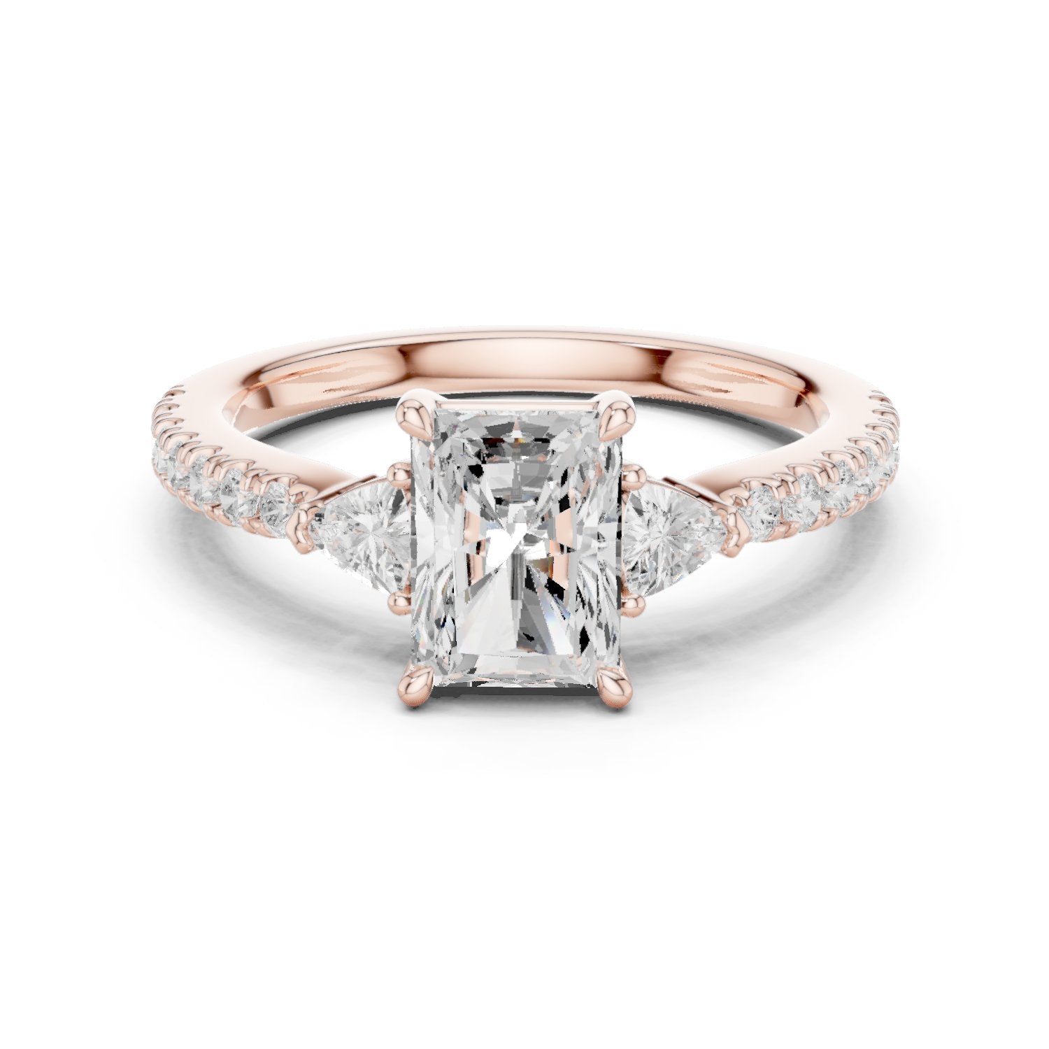Radiant Cut Three Stone Engagement Ring with Trilliant Sides and Pavé Band