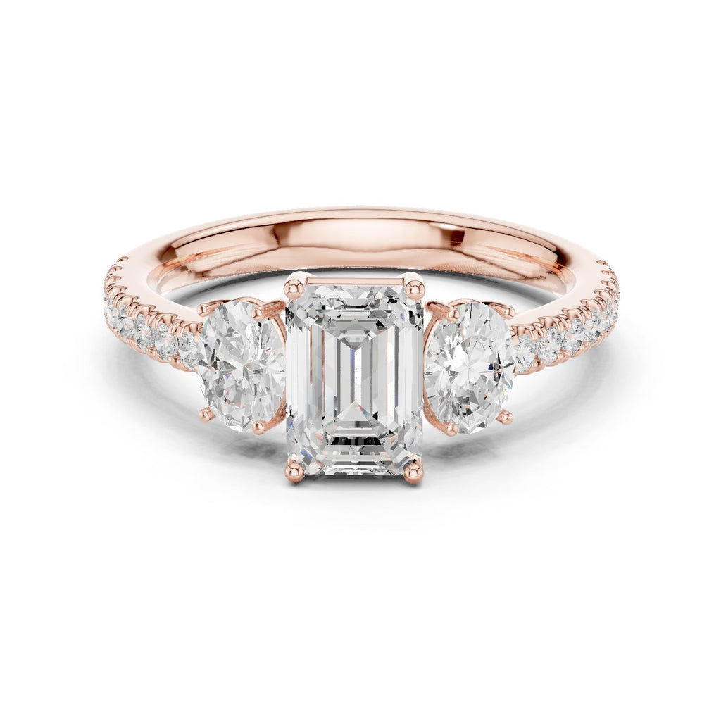 Emerald Cut Three Stone Engagement Ring with Oval Sides and Pavé Band