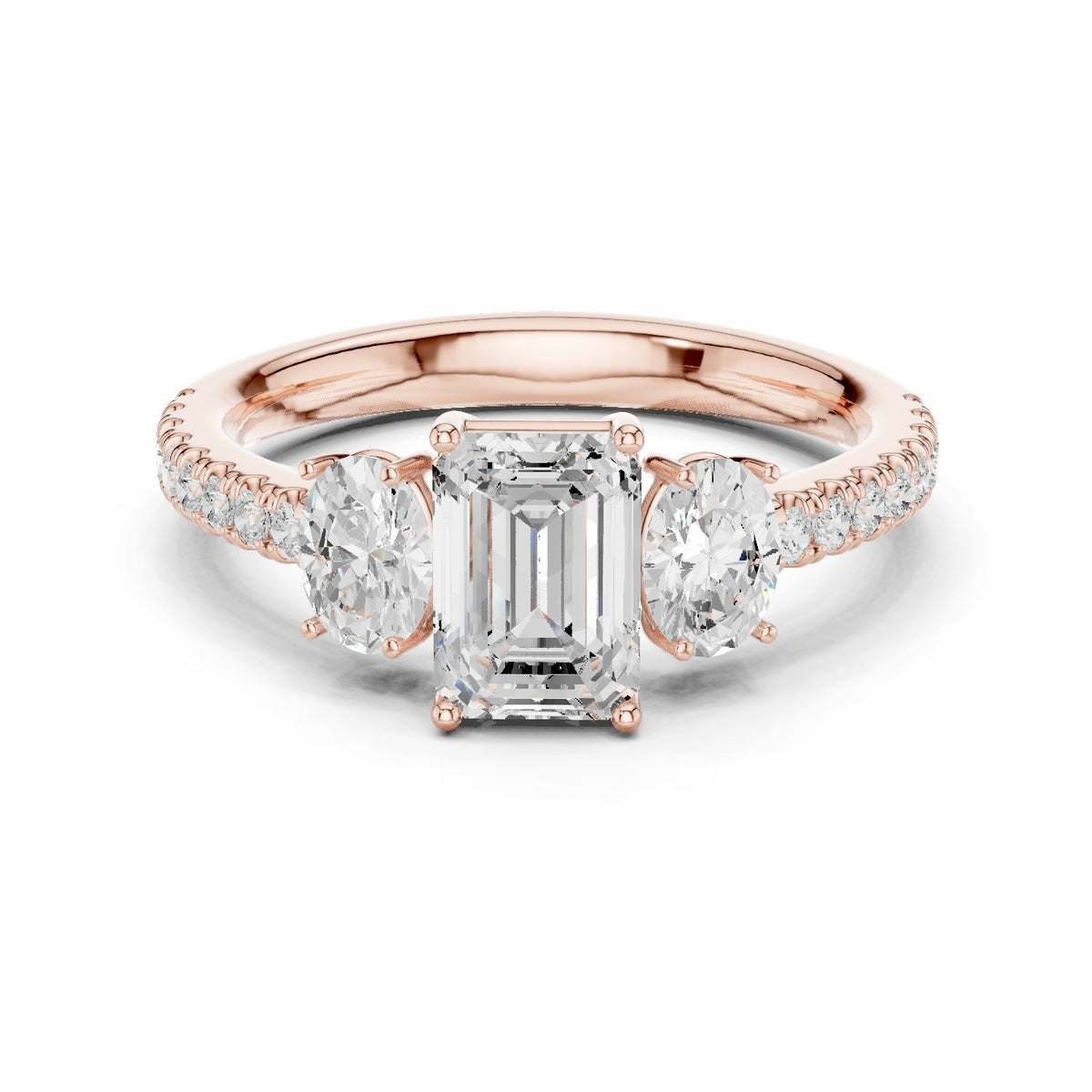 Emerald Cut Three Stone Engagement Ring with Oval Sides and Pavé Band