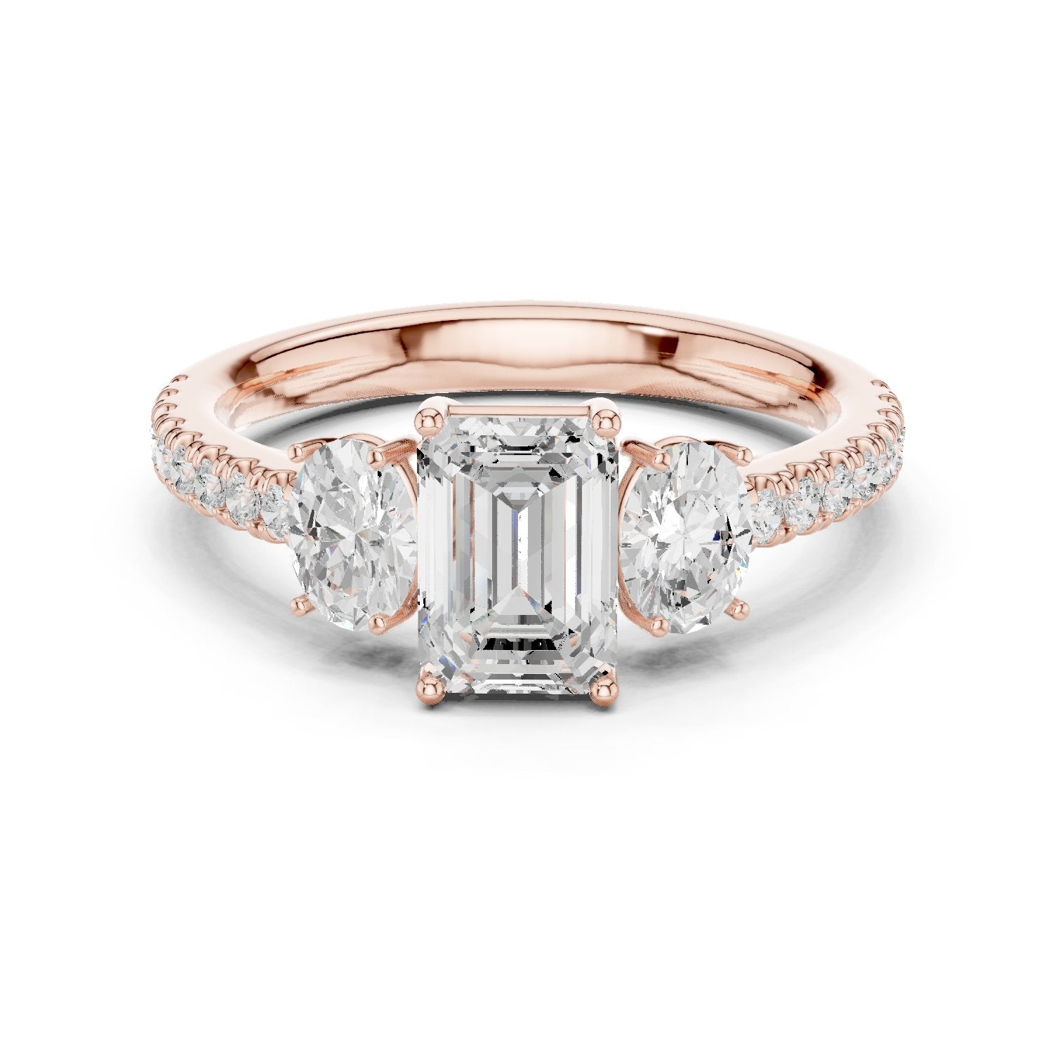 Emerald Cut Three Stone Engagement Ring with Oval Sides and Pavé Band
