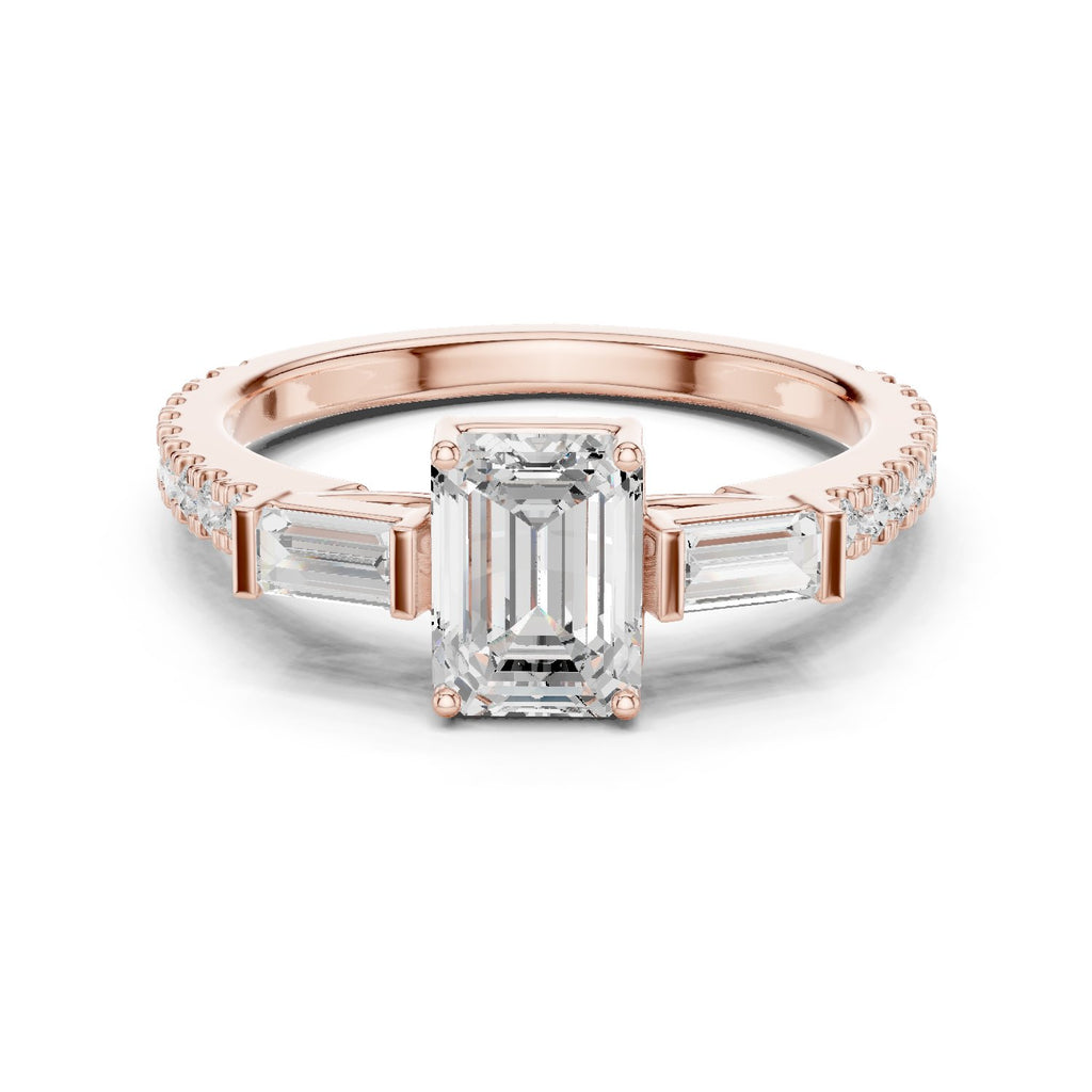 Emerald Cut Three Stone Engagement Ring with Baguette Sides and Pavé Band