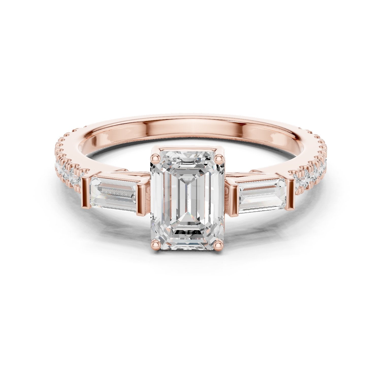 Emerald Cut Three Stone Engagement Ring with Baguette Sides and Pavé Band