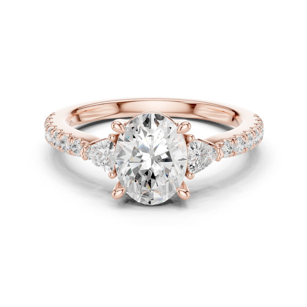 Oval Diamond Three Stone Engagement Ring with Trilliant Sides and Pavé Band