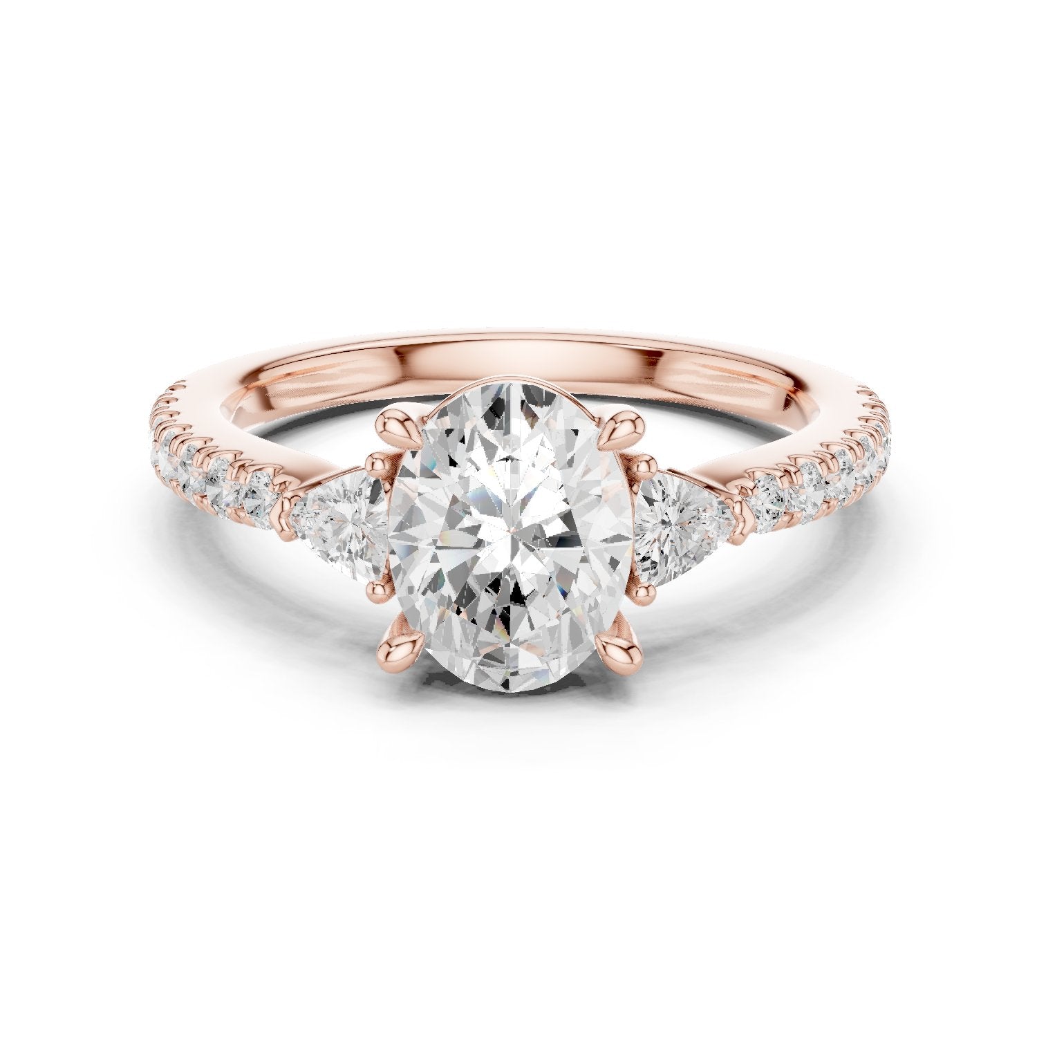 Oval Diamond Three Stone Engagement Ring with Trilliant Sides and Pavé Band