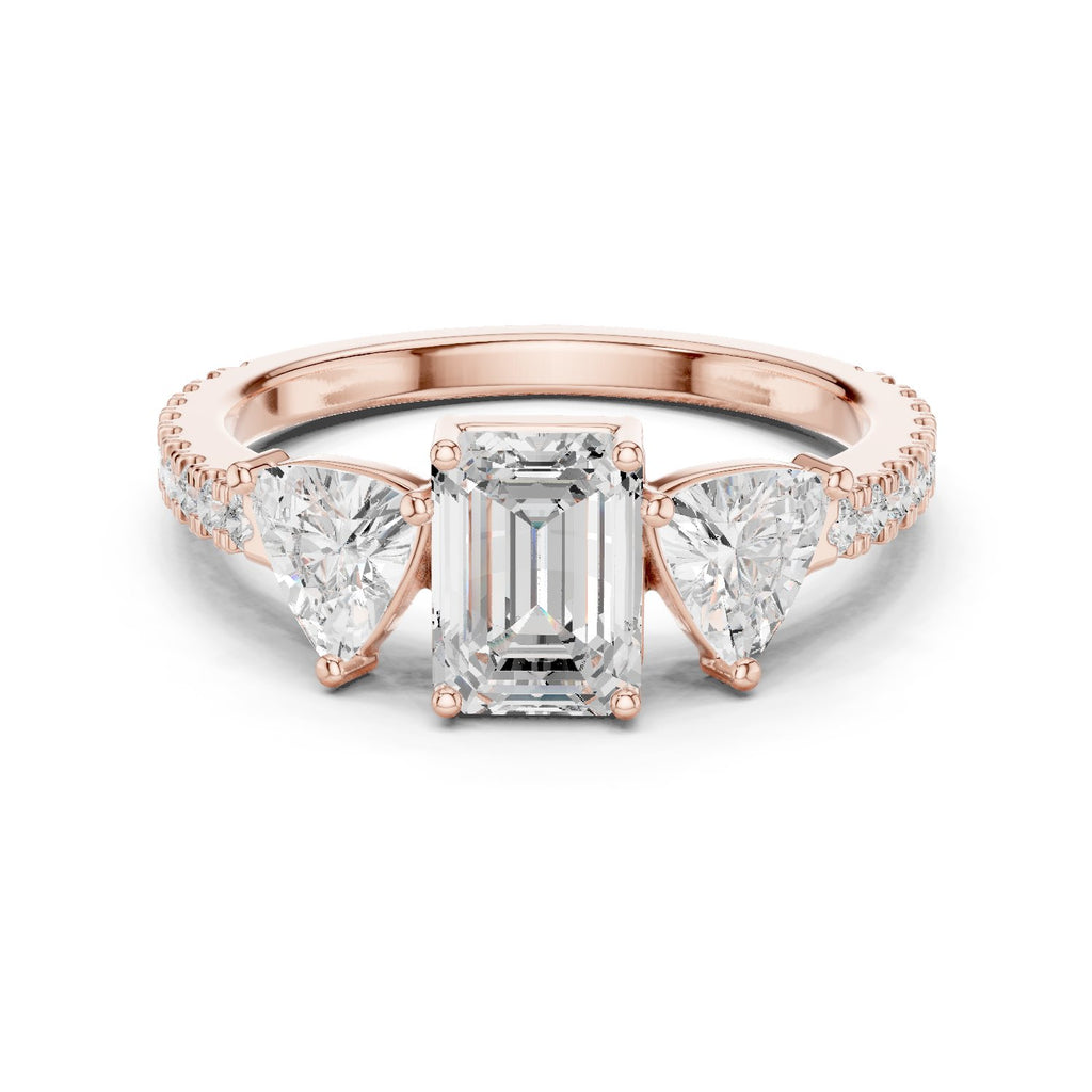 Emerald Cut Three Stone Engagement Ring with Trillion Sides and Pavé Band