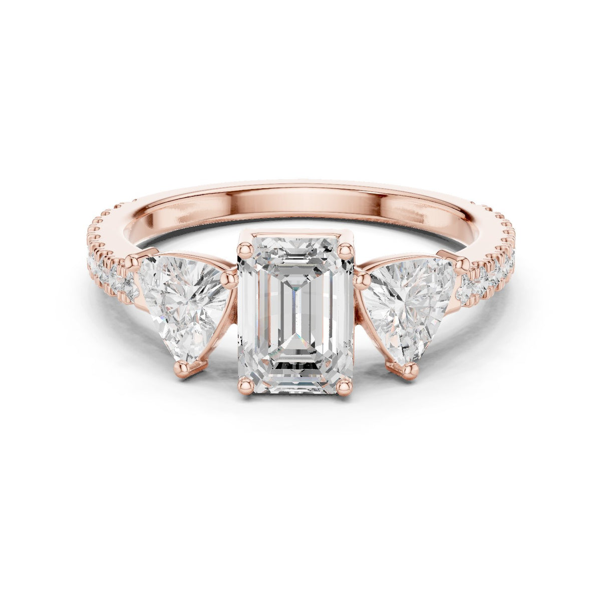 Emerald Cut Three Stone Engagement Ring with Trillion Sides and Pavé Band