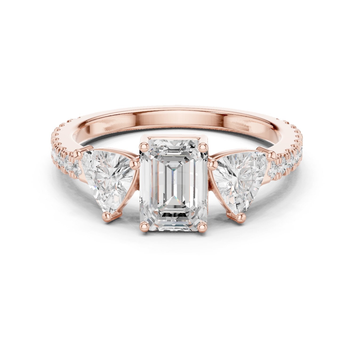Emerald Cut Three Stone Engagement Ring with Trillion Sides and Pavé Band