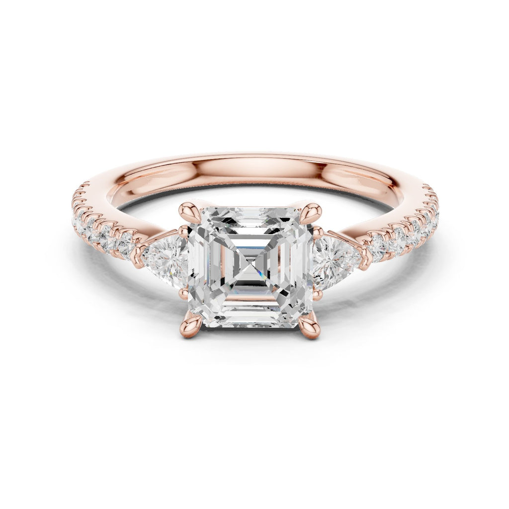 Asscher Cut Three Stone Engagement Ring with Trilliant Sides and Pavé Band