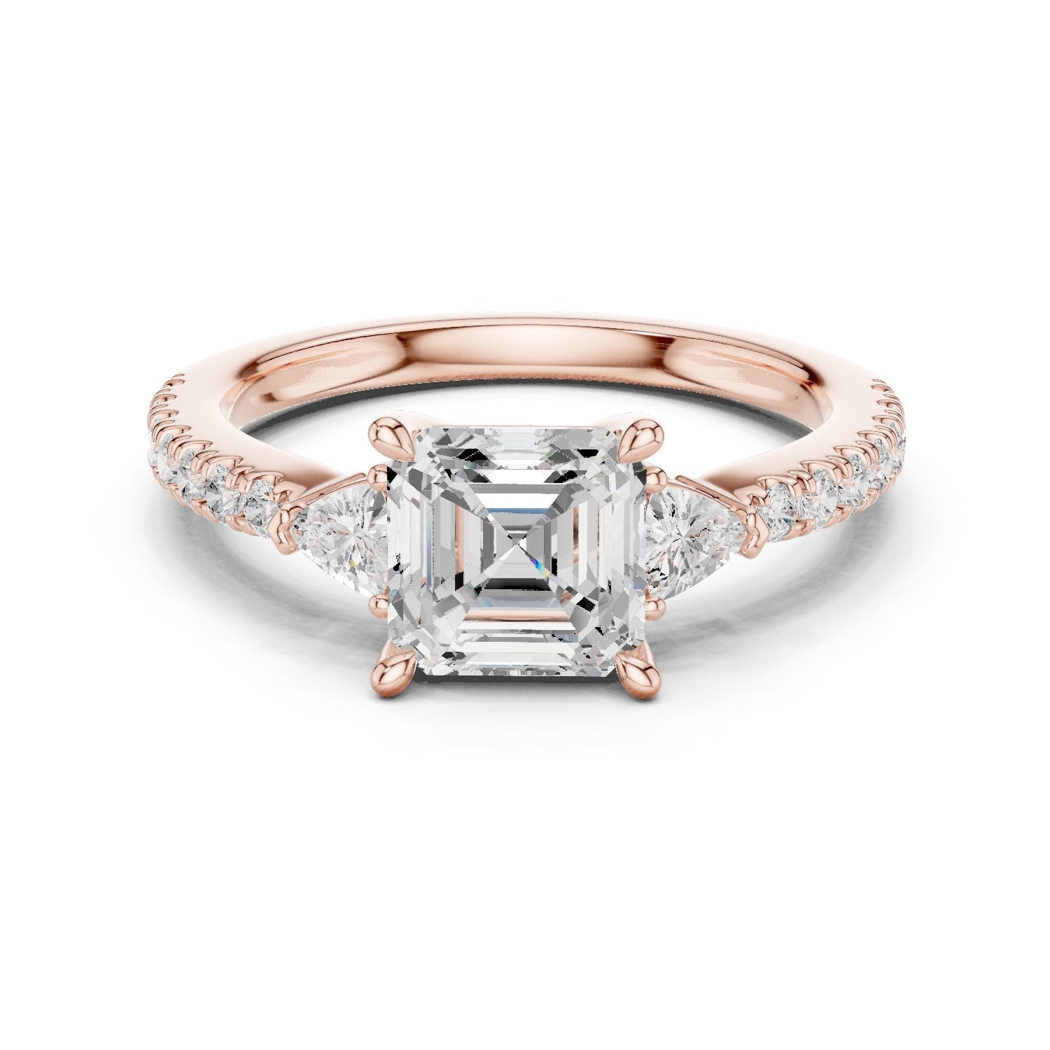 Asscher Cut Three Stone Engagement Ring with Trilliant Sides and Pavé Band