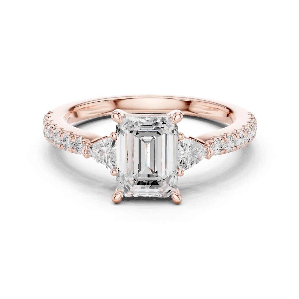Emerald Cut Three Stone Engagement Ring with Trilliant Sides and Pavé Band