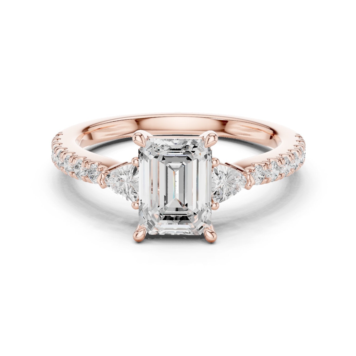 Emerald Cut Three Stone Engagement Ring with Trilliant Sides and Pavé Band