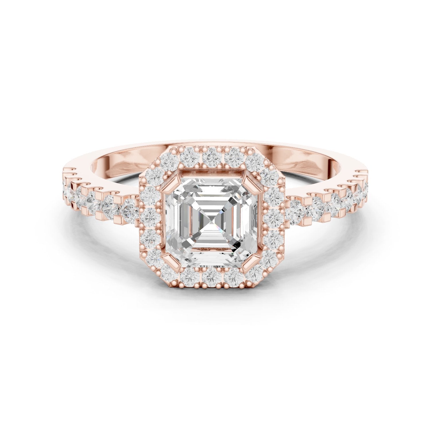 Asscher Cut Halo Engagement Ring with Crossover Pavé Band