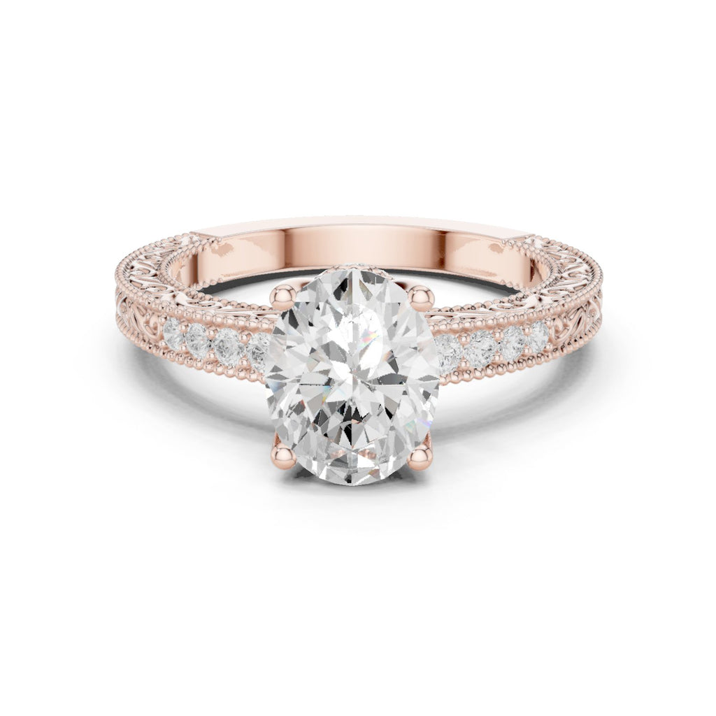 Oval Diamond Engagement Ring with Vintage Milgrain Pavé Band