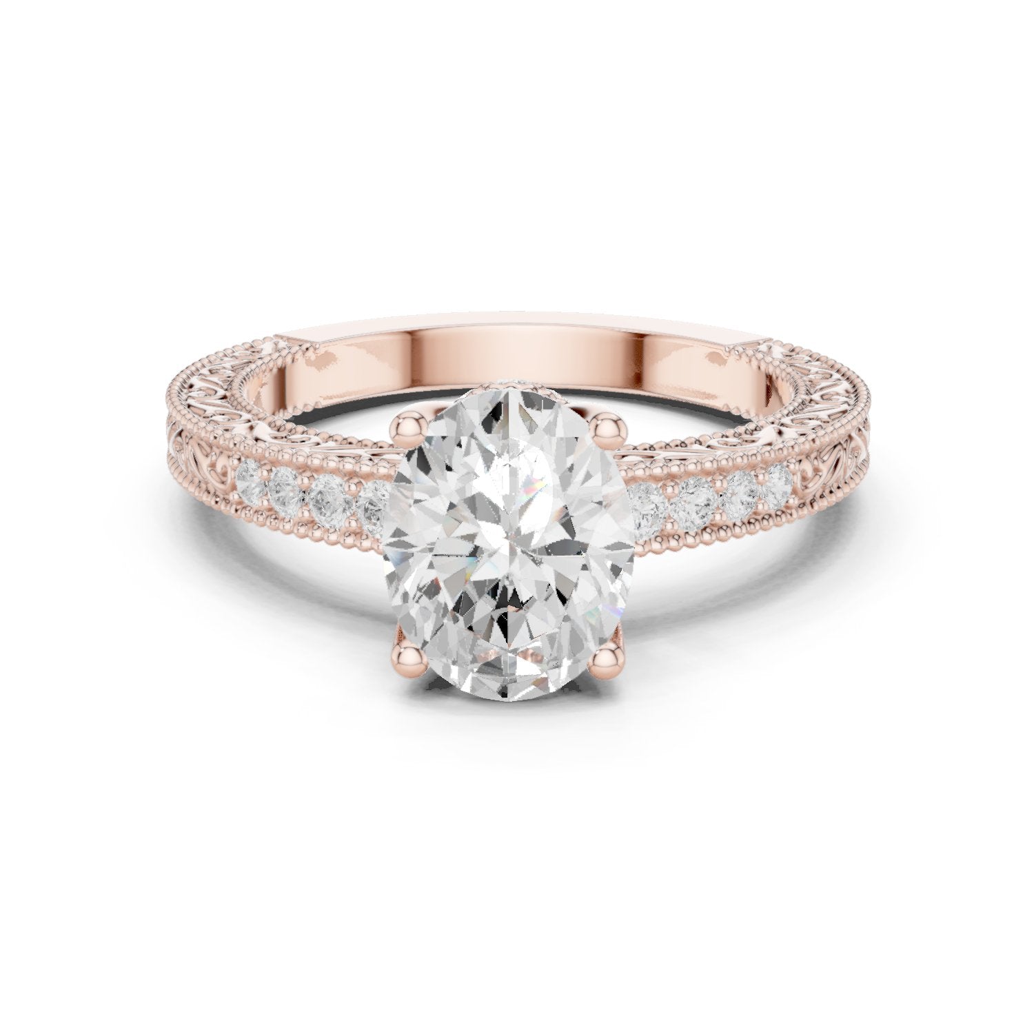 Oval Diamond Engagement Ring with Vintage Milgrain Pavé Band