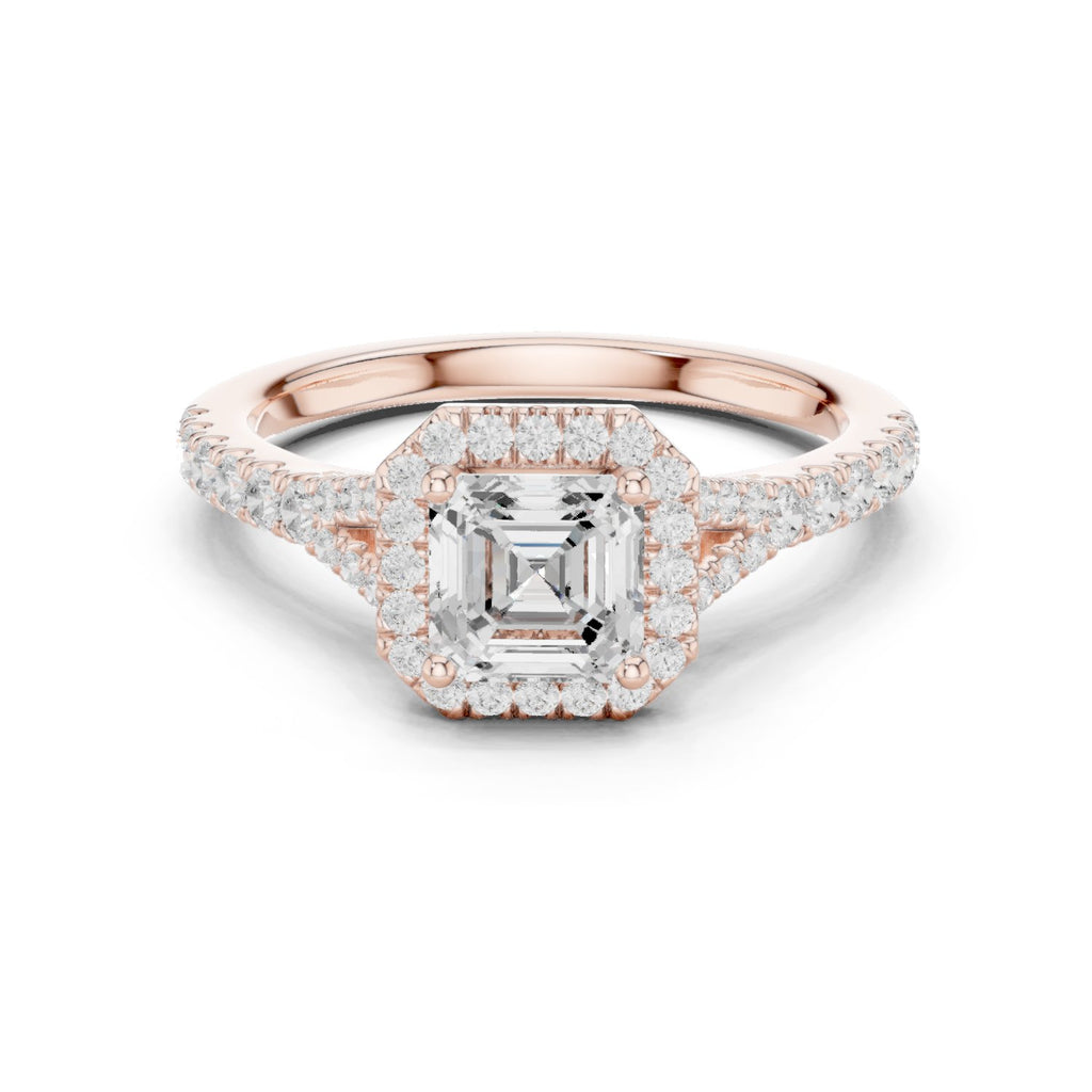 Asscher Cut Halo Engagement Ring with Split Shank Pavé Band