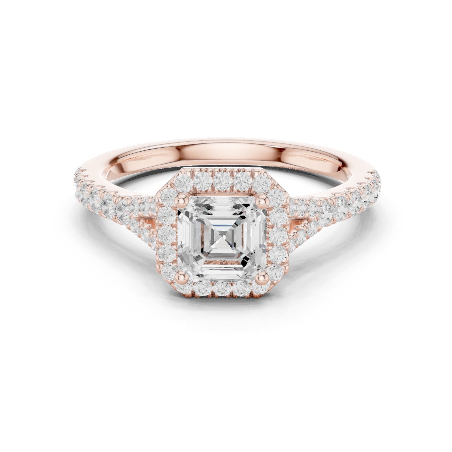 Asscher Cut Halo Engagement Ring with Split Shank Pavé Band