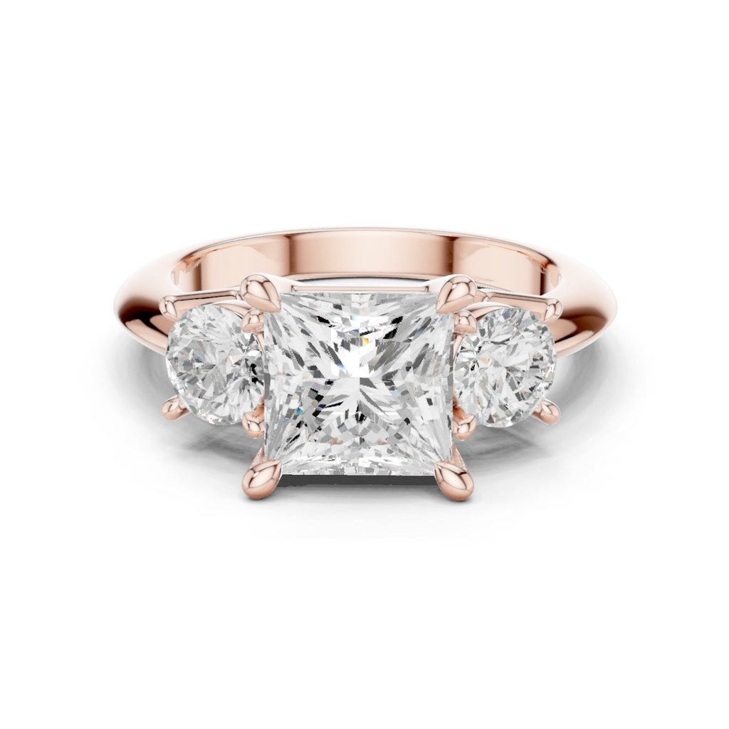Princess Cut Three Stone Engagement Ring with Round Sides