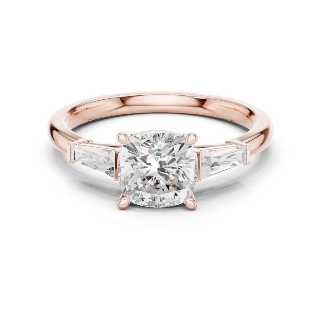 Cushion Cut Three Stone Engagement Ring with Tapered Baguette Sides