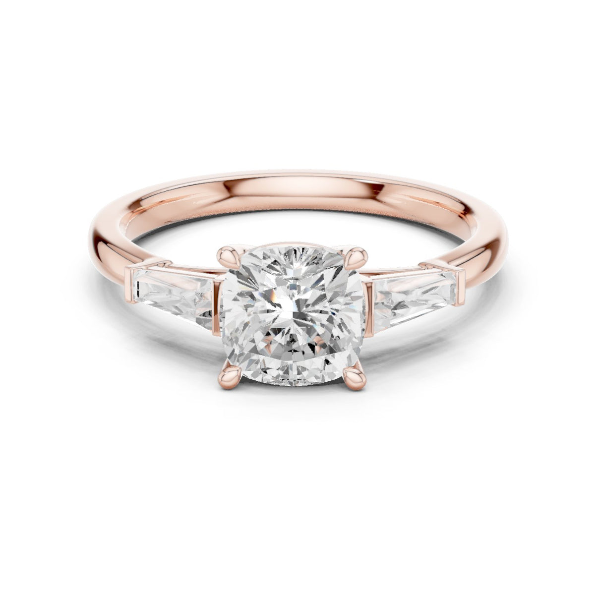 Cushion Cut Three Stone Engagement Ring with Tapered Baguette Sides