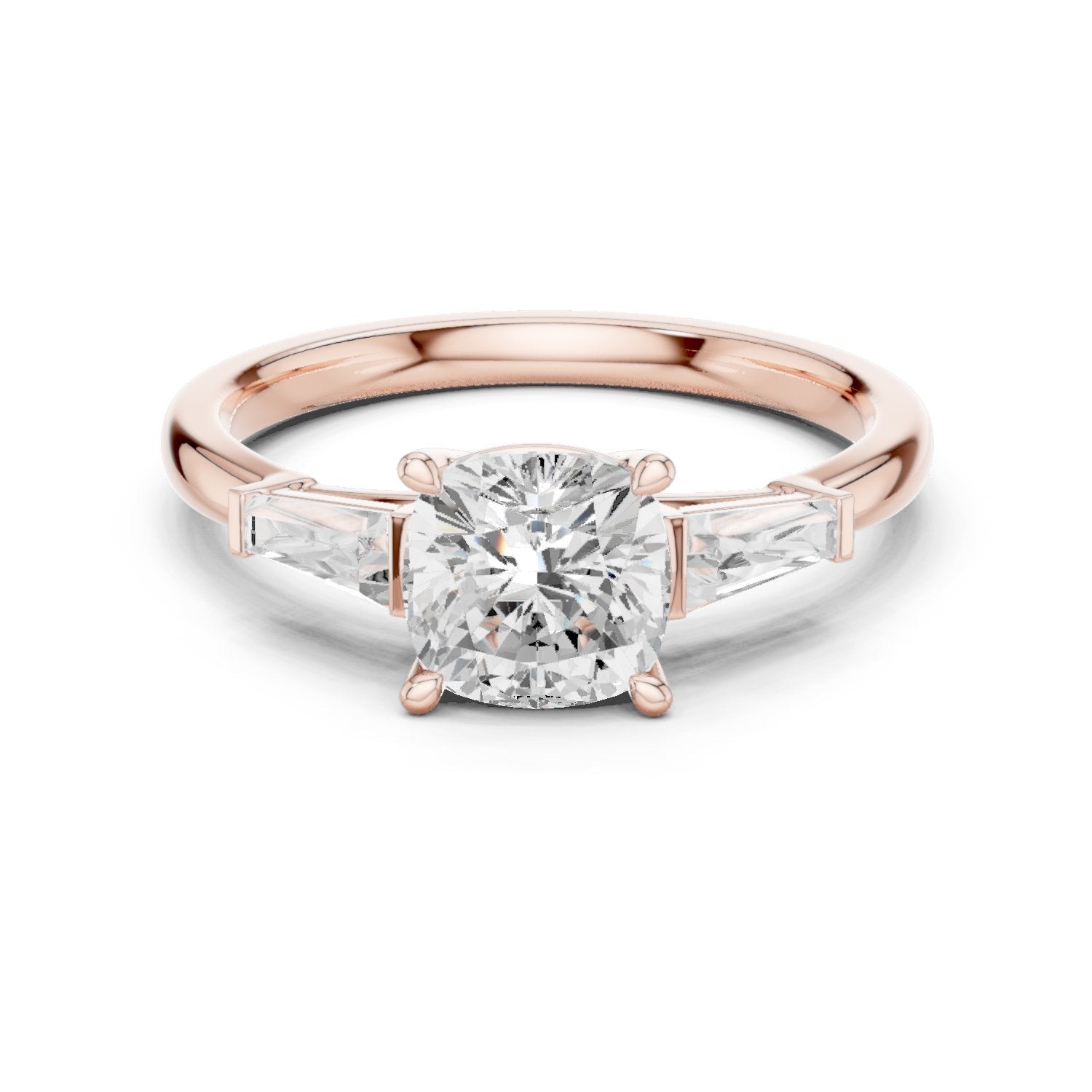 Cushion Cut Three Stone Engagement Ring with Tapered Baguette Sides
