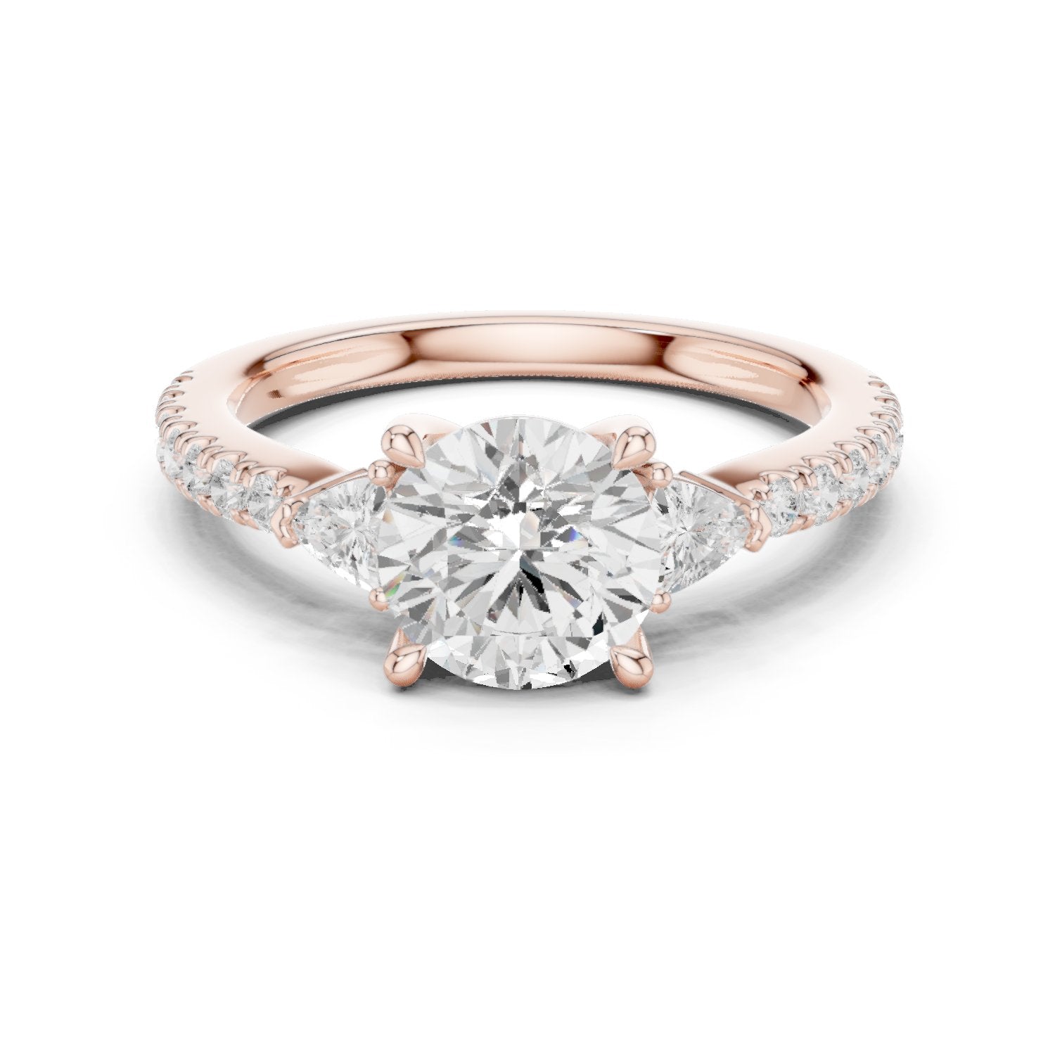 Round Diamond Three Stone Engagement Ring with Trilliant Sides and Pavé Band