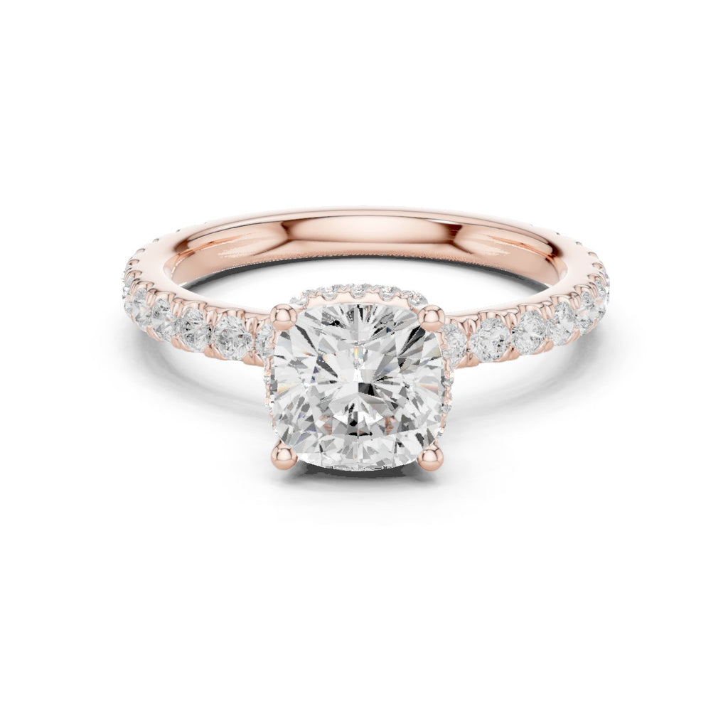 Cushion Cut Hidden Halo Engagement Ring with Cushion Halo and Pavé Band