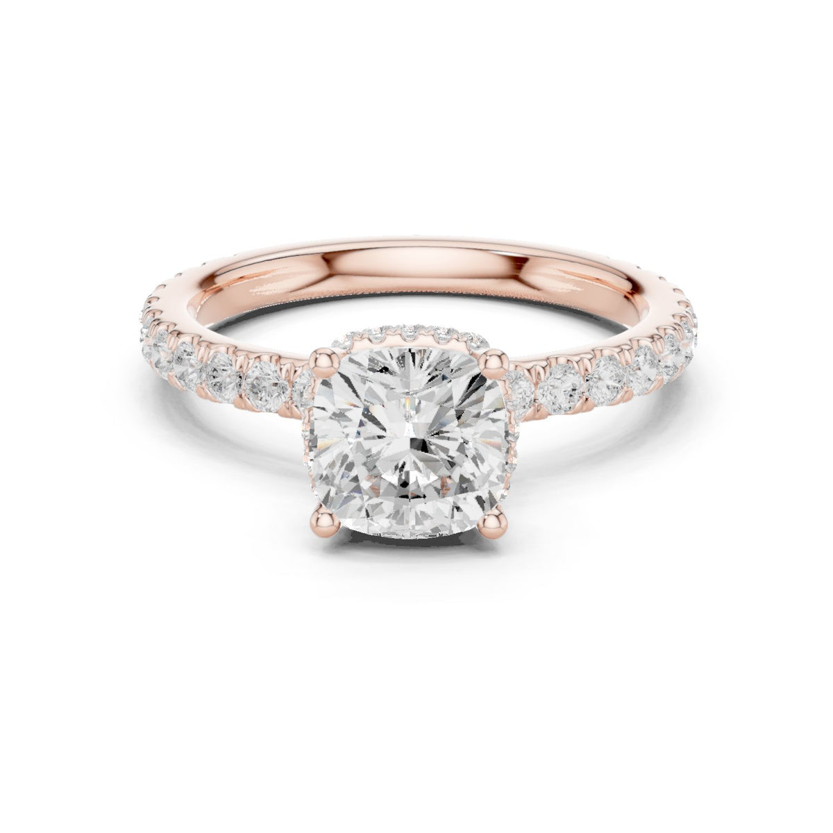 Cushion Cut Hidden Halo Engagement Ring with Cushion Halo and Pavé Band