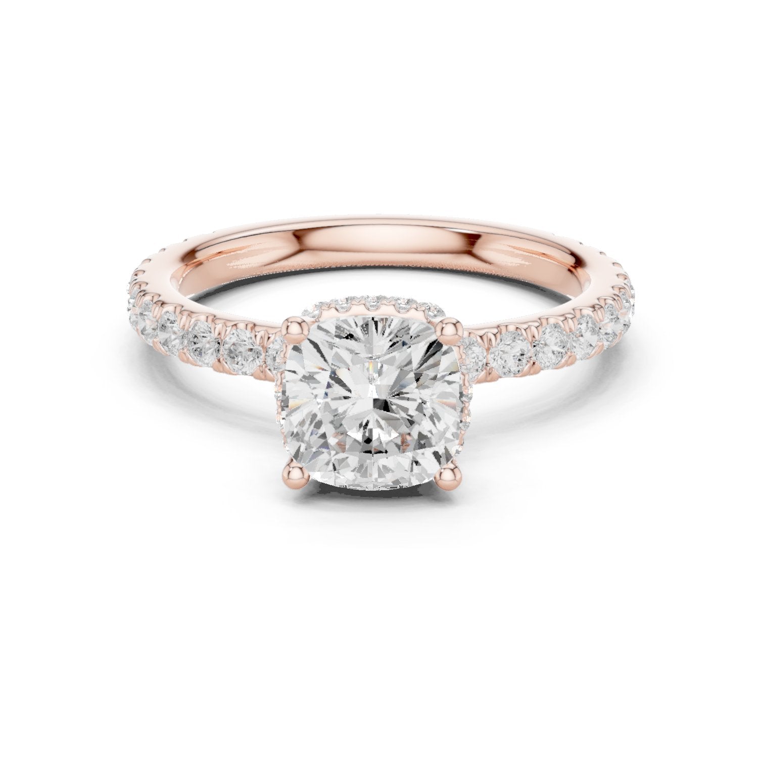 Cushion Cut Hidden Halo Engagement Ring with Cushion Halo and Pavé Band