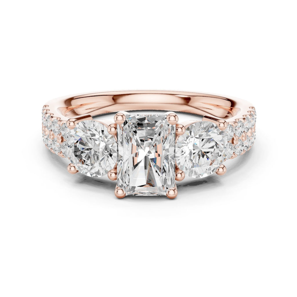 Radiant Cut Engagement Ring with Round Side Accents and Pavé Band