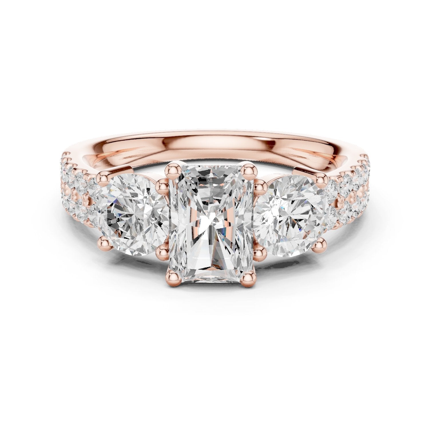 Radiant Cut Engagement Ring with Round Side Accents and Pavé Band
